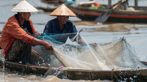 men and woman are using nets to fish in the Mekong River.