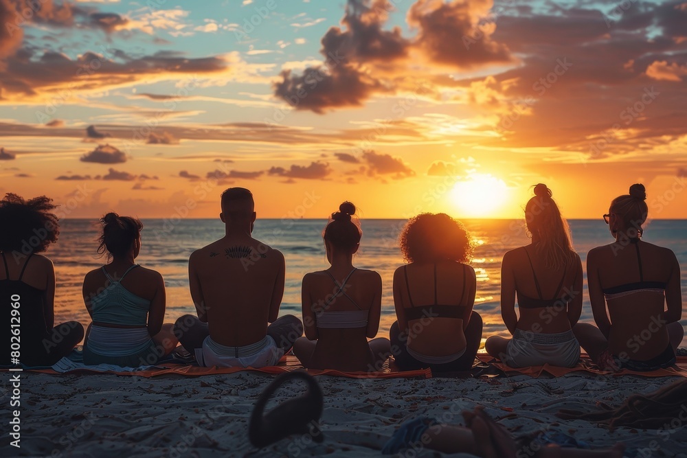 A Diverse Group of Individuals Embracing Body Positivity Through a Peaceful Meditation Session by the Serene Sea at Sunset A Diverse Group of Individuals Embracing Body Positivity Through a Peaceful Meditation Session by the Serene Sea at Sunset