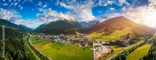 Kranjska Gora town in Slovenia at summer with beautiful nature and mountains in the background. View of mountain landscape next to Kranjska Gora in Slovenia, view from the top the town Kranjska Gora.