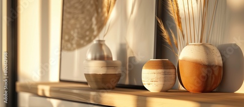 Abstract candleholders in brown and white, placed on a shelf