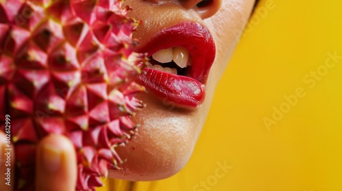 A persons mouth puckered in a slight frown after tasting a unique but not quite enjoyable flavor of an exotic fruit. photo