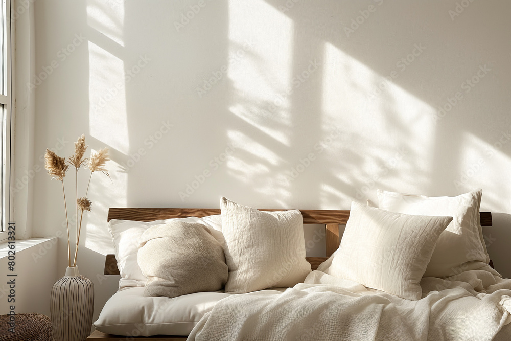 “Morning Serenity” A cozy, well-made bed bathed in the soft morning light, creating a peaceful and inviting atmosphere.