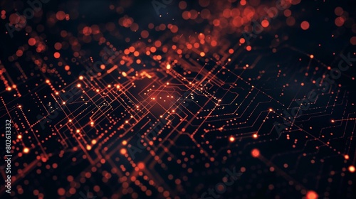 Abstract glowing network of red and orange lines and particles on a dark background.