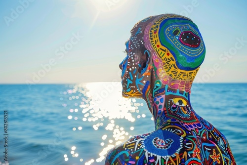 A Vibrant Display of Individuality: Person Adorned with Intricate, Colorful Body Art Proudly Embracing Their Unique Self-Expression on a Sunlit Beach