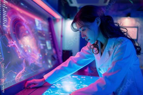 Futuristic Research  A Woman Analyzes Complex Data on a Holographic Interface in a Neon-Lit Lab