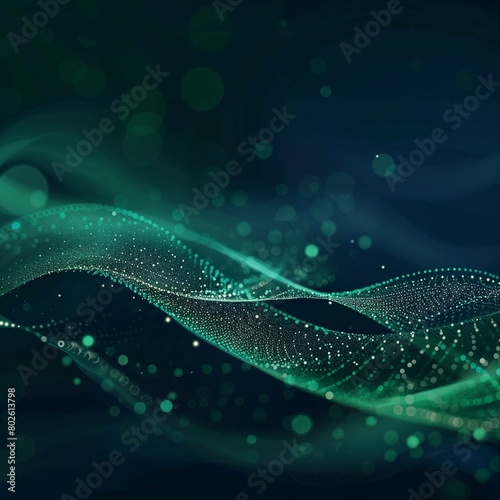 Wavy digital green dots on a deep blue background with bokeh