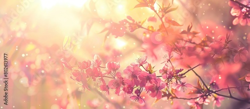 Spring cherry blossoms in pink with a vintage color-tinted abstract nature background under a sunny sky  resembling an Instagram filter.