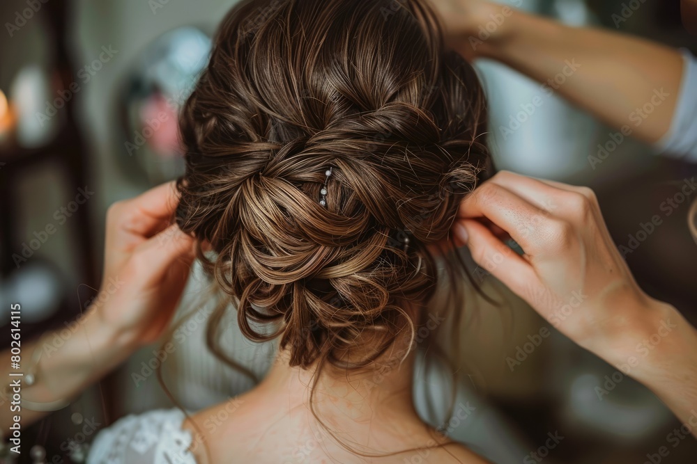 Fototapeta premium A woman with her hair styled by a stylist. The stylist is using a comb to style the woman's hair