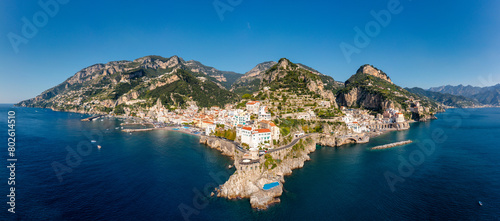 View of beautiful Amalfi town, Campania, Italy. Amalfi coast is most popular travel and holiday destination in Europe. Amalfi cityscape on coast line of mediterranean sea, Amalfi coast, Italy.