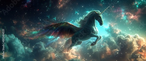 Unicorn fantasy with pegasus, flowers, and a cosmic sky backdrop for a magical and celestial atmosphere.