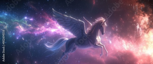 Celestial unicorn fantasy with pegasus and flowers, evoking a heavenly ambiance perfect for ethereal décor. © Elzerl