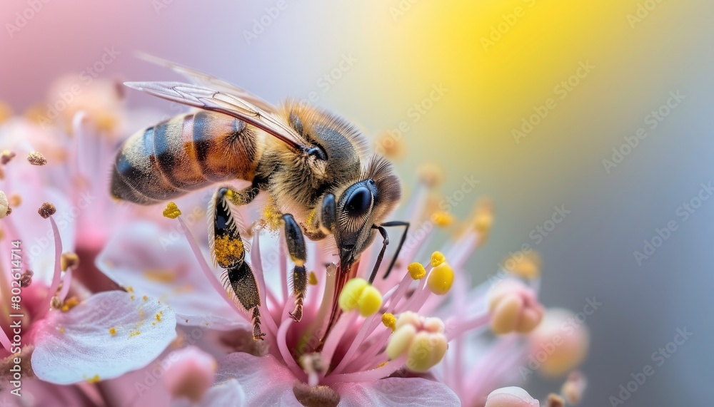 Pink nectar flower with bees in a macro view, showcasing intricate floral details and bee activity. Pink nectar flower with bees in a macro view, showcasing intricate floral details and bee activity.