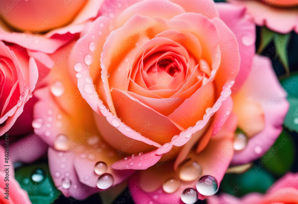A close-up photo of pink roses with water droplets on them, against a white background with soft lighting. A close-up photo of pink roses with water droplets on them, against a white background with soft lighting.