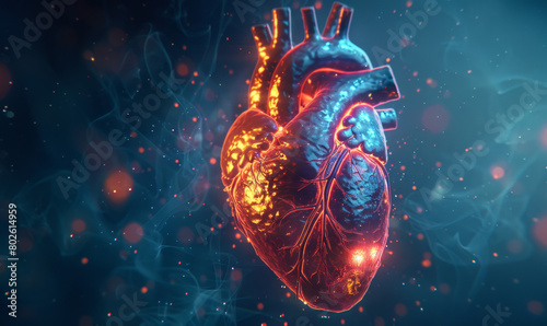 Abstract human heart with glowing elements on dark background, high detailed 3d rendering illustration