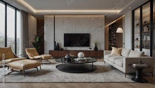 a living room with a large cream sectional, brown leather chair, and dark wood coffee table with a black bowl on it. © Mujtaba
