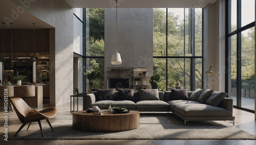 a living room with a large cream sectional  brown leather chair  and dark wood coffee table with a black bowl on it.