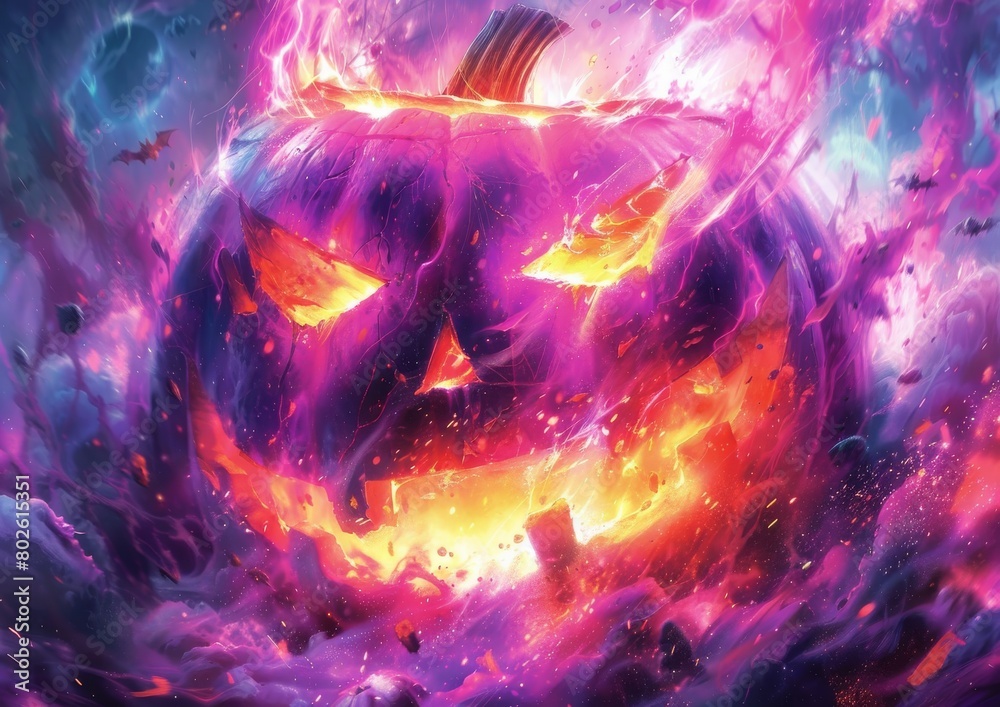 Vibrant Cosmic Jack-o-Lantern Floating in a Supernatural Nebula, Perfect for Halloween-Themed Sci-Fi Artwork