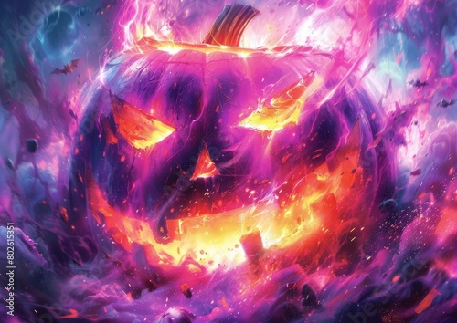 Vibrant Cosmic Jack-o-Lantern Floating in a Supernatural Nebula, Perfect for Halloween-Themed Sci-Fi Artwork