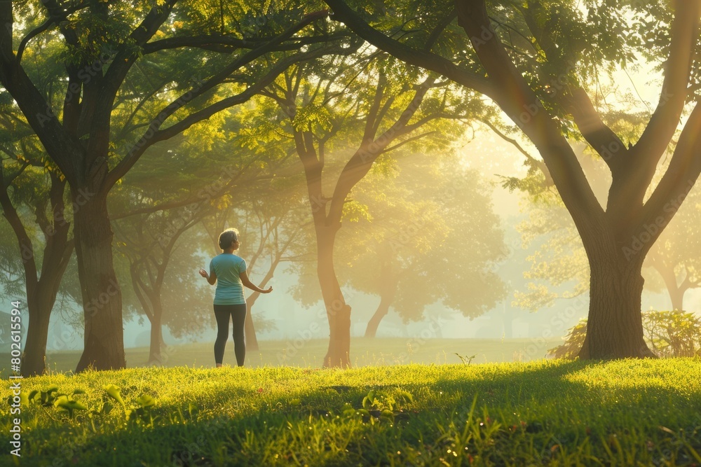 Serene Morning Tai Chi: 50s Woman Finds Balance in Misty Park Serene Morning Tai Chi: 50s Woman Finds Balance in Misty Park
