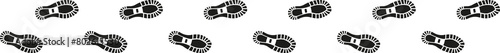 Tracking footprints. Human footstep shoe sole trail icons, people boots trace silhouette footpath prints hiking route navigation. Vector isolated collection photo