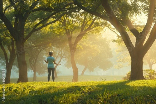 Serene Morning Tai Chi: 50s Woman Finds Balance in Misty Park