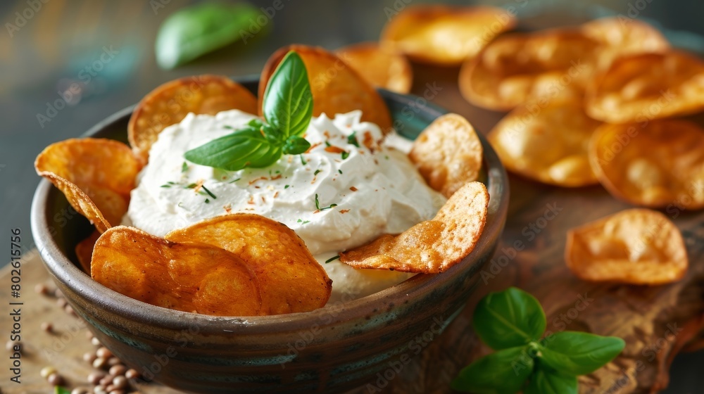 A bowl of crispy lentil chips served with a rich and creamy white bean dip.