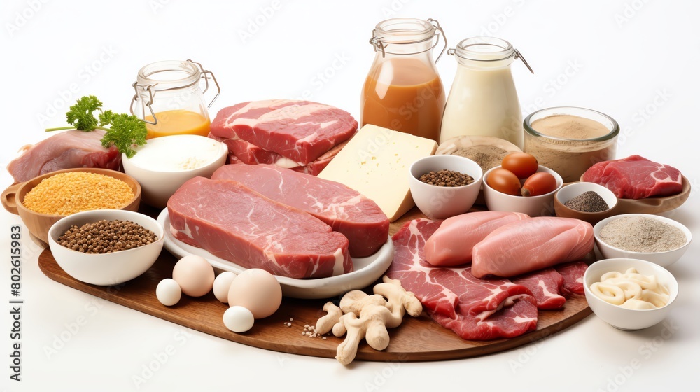 Highquality image of assorted protein sources including lean meats legumes and dairy products set against a solid white background for a clean and educational display Highquality image of assorted protein sources including lean meats legumes and dairy products set against a solid white background for a clean and educational display