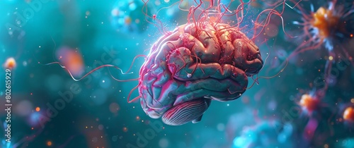 Dynamic illustration showcases human brain in thoughtful processes, vibrant energy pulses highlight neural connections' intricacy. Art blends bold and subtle colors, conveying intellectual depth. photo