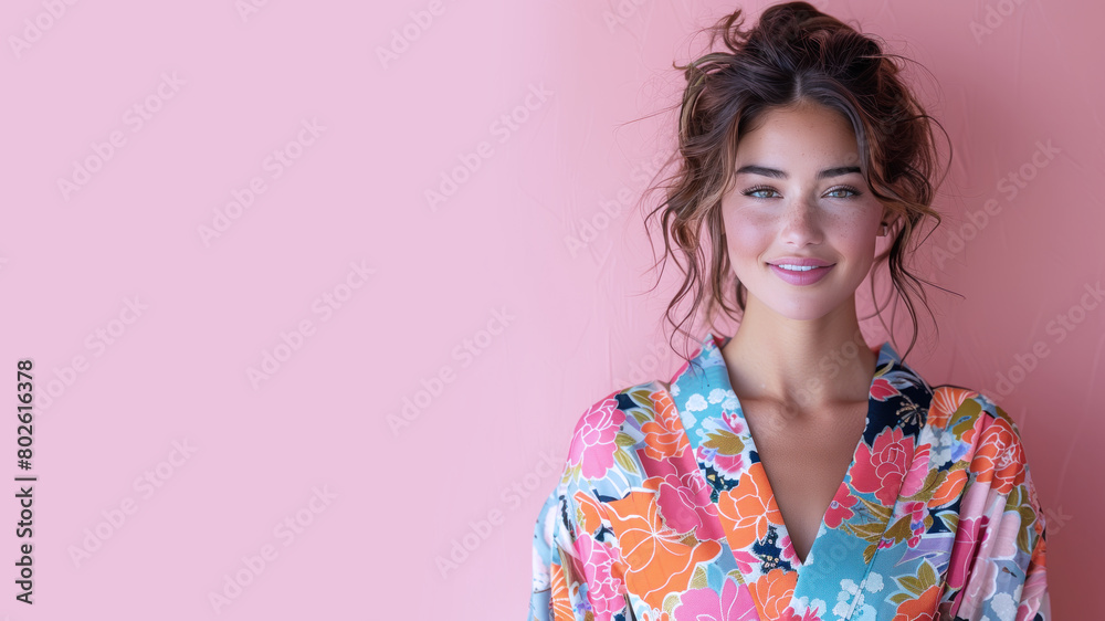 Arabian woman in japanese kimono traditional suit isolated on pastel Arabian woman in japanese kimono traditional suit isolated on pastel