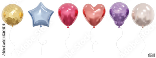 Set of realistic vector Balloons of various shapes, star, spheres and heart. Bunch of Helium balloons for birthday, party anniversary and wedding. 3D vector illustration.