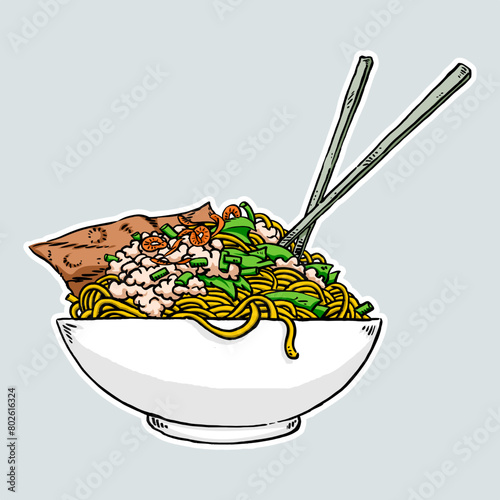 Noodles with small diced chicken meat, mustard greens, dumplings and fried shallots served on white bowl with chopsticks. Illustration of Asian dishes concept, hand drawn style, side view.