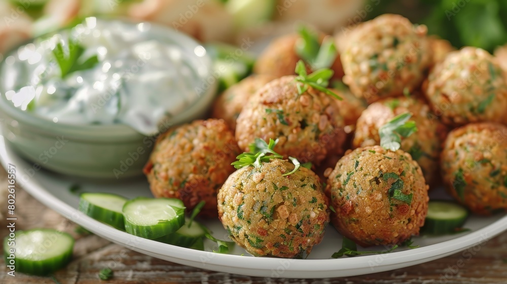 A plate of bitesized falafel balls paired with a refreshing cucumber tzatziki sauce.
