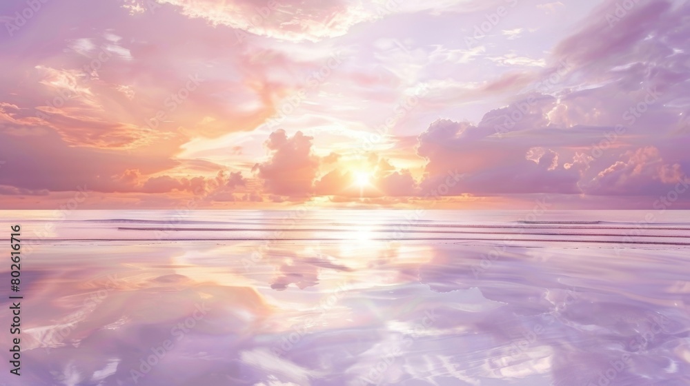 A dimming sky of soft lavender and peach reflects off the glistening sands creating a peaceful and dreamlike atmosphere.. A dimming sky of soft lavender and peach reflects off the glistening sands creating a peaceful and dreamlike atmosphere..