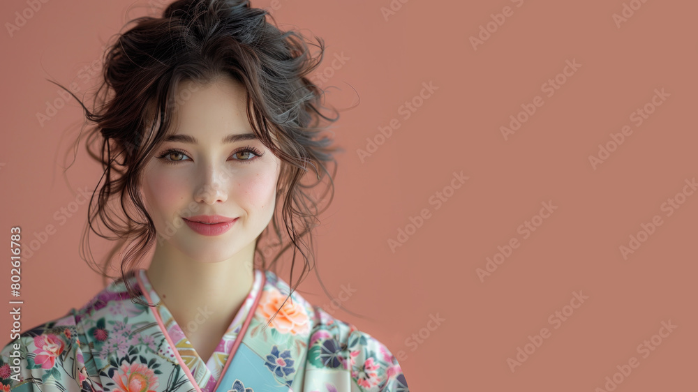 German woman in japanese kimono traditional suit isolated on pastel