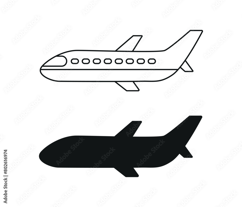 Hand drawn airplane outline illustration and silhouette Hand drawn airplane outline illustration and silhouette