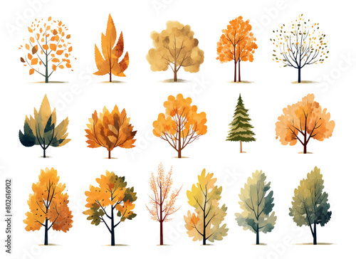 Set of watercolor autumn trees on isolated white background