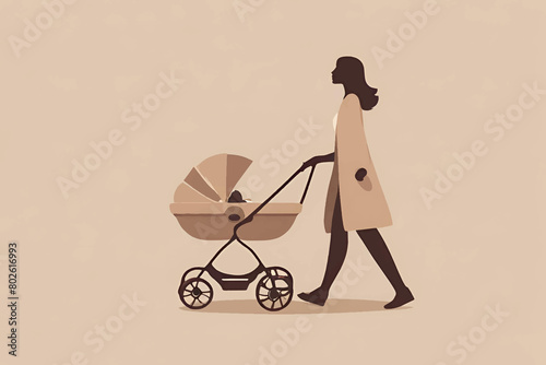 illustration of a mother walking while pushing a baby carriage