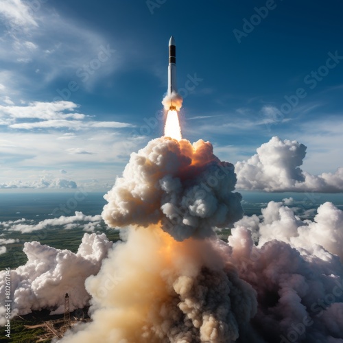 The Falcon 9 rocket by SpaceX launches from Cape Canaveral, Florida, carrying satellites into orbit. The engines create a striking display as it ascends, inspiring awe photo