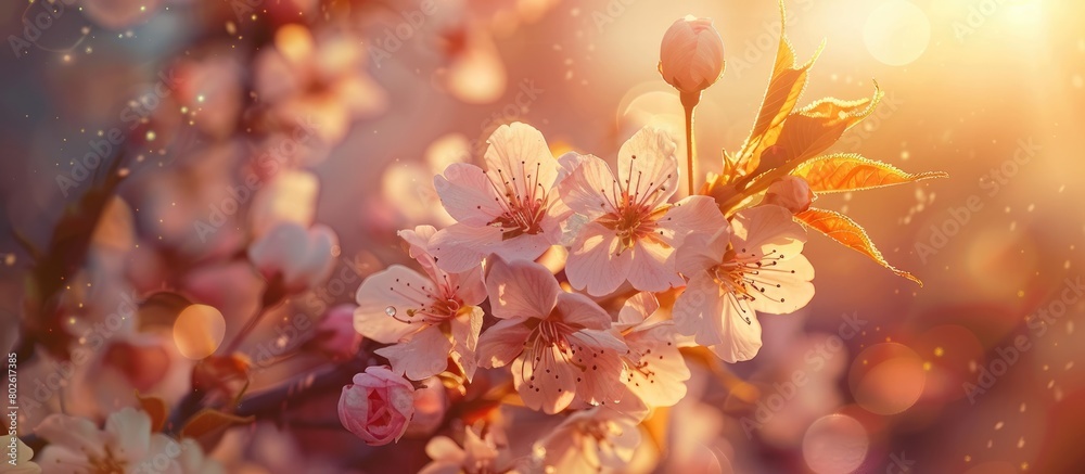 Lovely cherry tree blossoms bathed in the morning sunlight, creating a floral spring backdrop with blooming flowers.