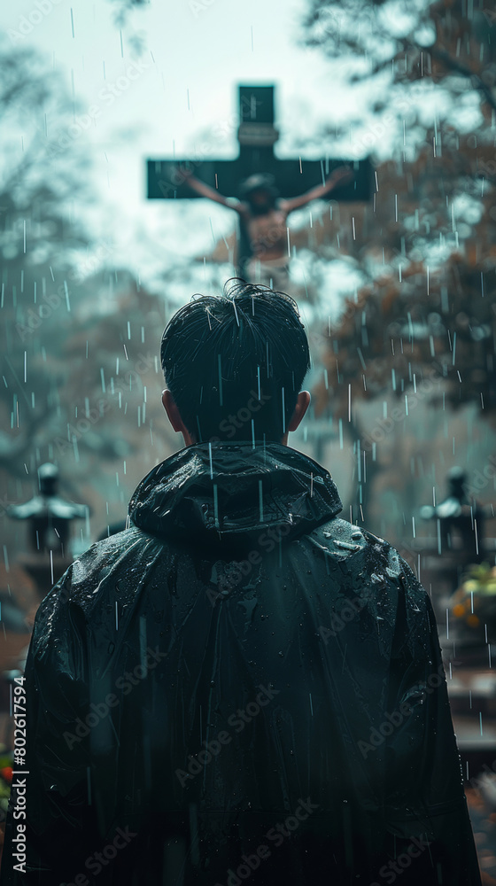 Man, cemetery and outdoor with walk in rain, back and cross for mourning, christ or faith for religion. Person, graveyard and reflection by crucifix in storm with depression, loss and death in winter Man, cemetery and outdoor with walk in rain, back and cross for mourning, christ or faith for religion. Person, graveyard and reflection by crucifix in storm with depression, loss and death in winter