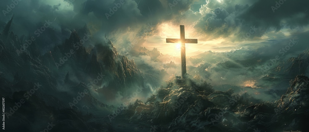 Naklejka premium Majestic light on the cross, Golgotha's mystic moment