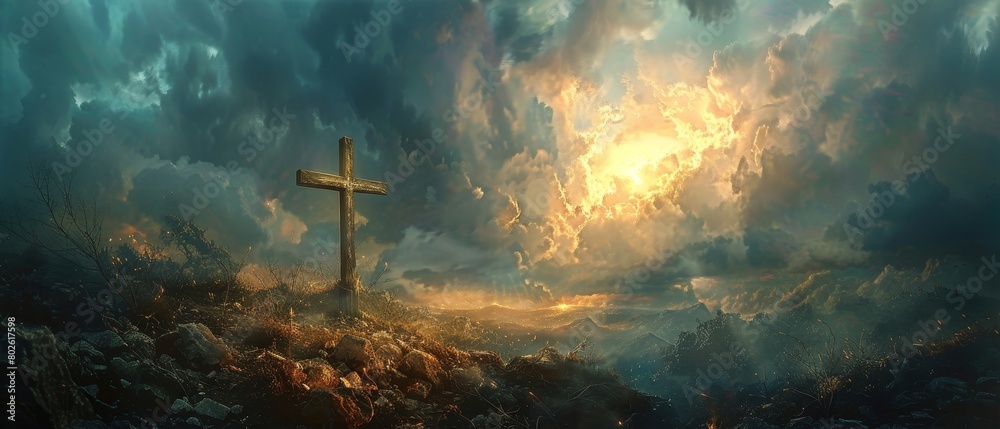 Naklejka premium Majestic light on the cross, Golgotha's mystic moment