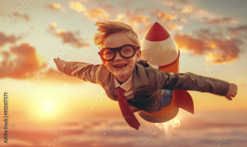 photo of happy child boy flying on rocket in sky, sunset background, wearing glasses and suit jacket with red tie