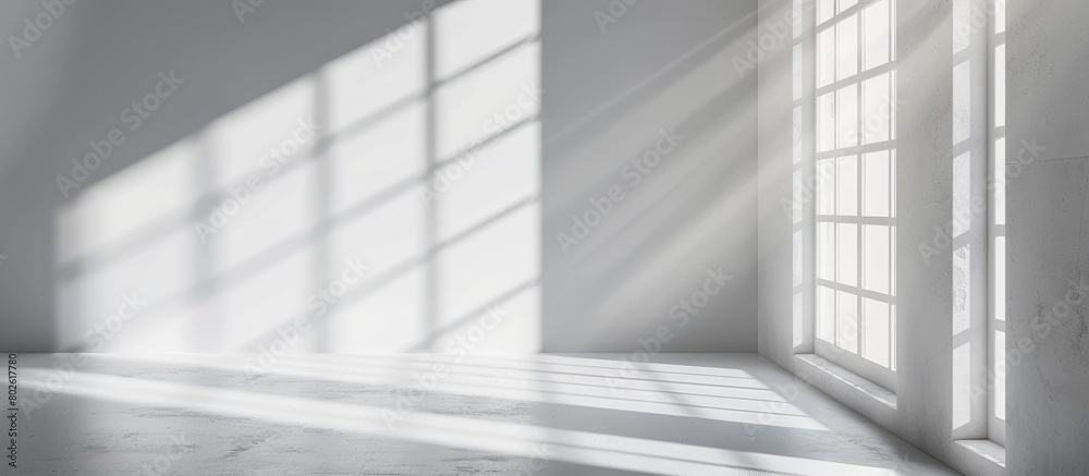 Fototapeta premium White studio background for displaying products, featuring a gray room with window shadows and a blurred backdrop for showcasing items.
