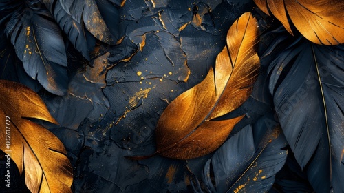 Beautiful abstract color black and gold feathers  photo