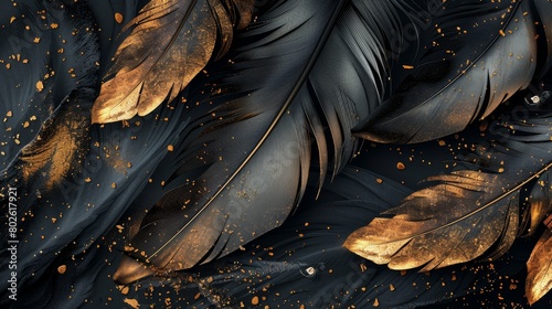 Beautiful abstract color black and gold feathers 