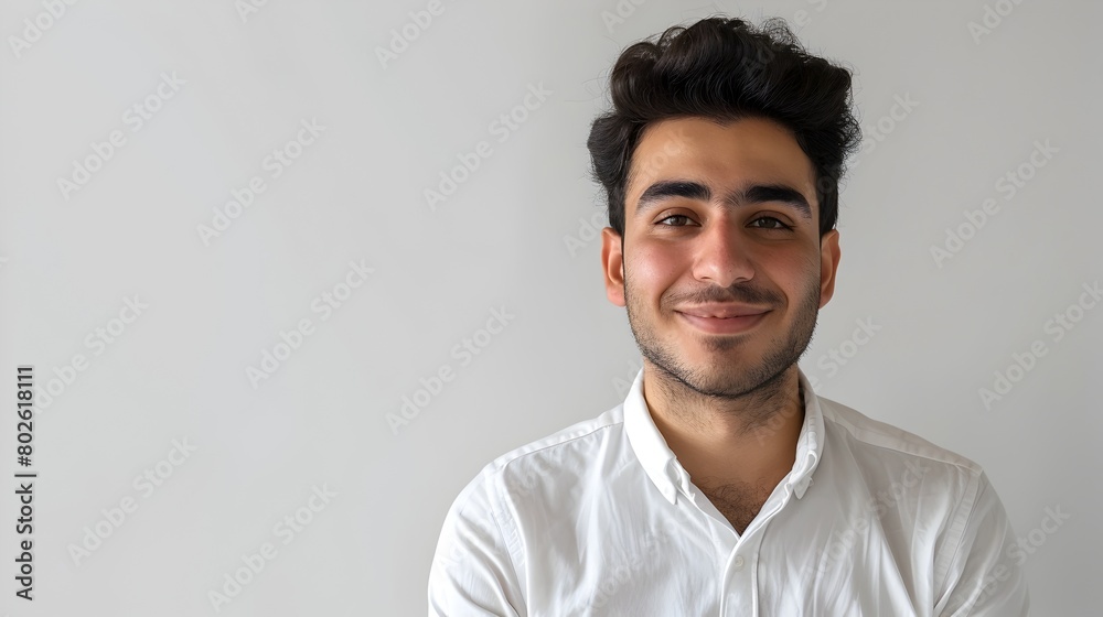 Warm and Welcoming Middle Eastern Man in White Button Down Shirt on White Background Warm and Welcoming Middle Eastern Man in White Button Down Shirt on White Background