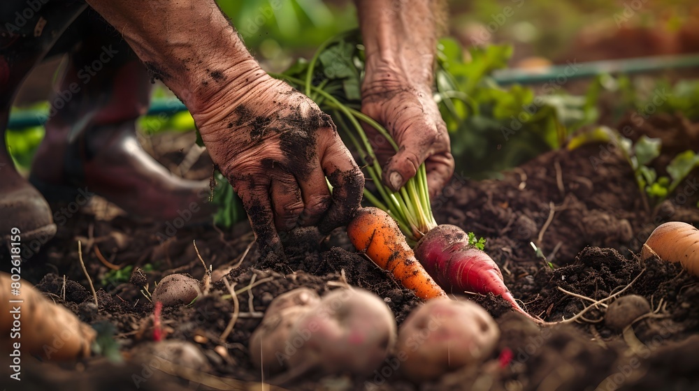Weathered Farmer s Hands Gently Harvesting Vibrant Carrots Potatoes and Beets from Nutrient Rich Soil in a Pastoral Setting with Soft Natural Weathered Farmer s Hands Gently Harvesting Vibrant Carrots Potatoes and Beets from Nutrient Rich Soil in a Pastoral Setting with Soft Natural