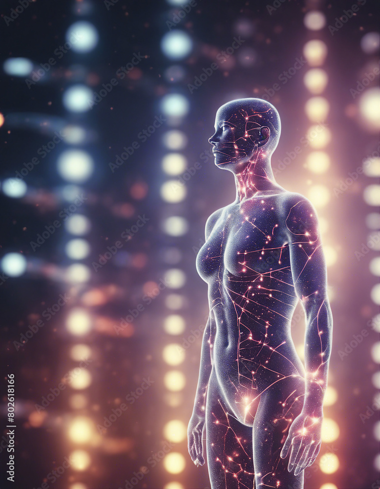 human gene structure in front of bright lights and scientific visualization
