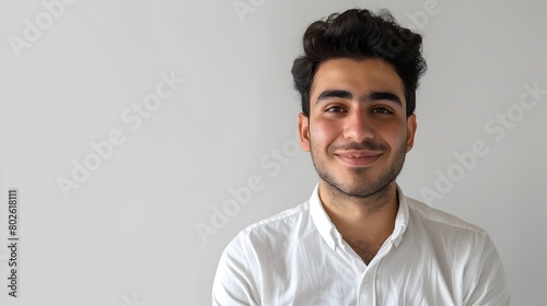 Warm and Welcoming Middle Eastern Man in White Button Down Shirt on White Background photo